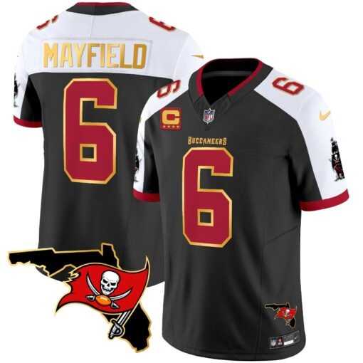 Mens Tampa Bay Buccaneers #6 Baker Mayfield Black White With Florida Patch Gold Trim Vapor Stitched Jersey Dyin